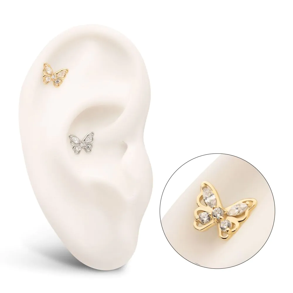 14Kt Gold Threadless 3D Butterfly Round & Marquise Gem Top - Image 2