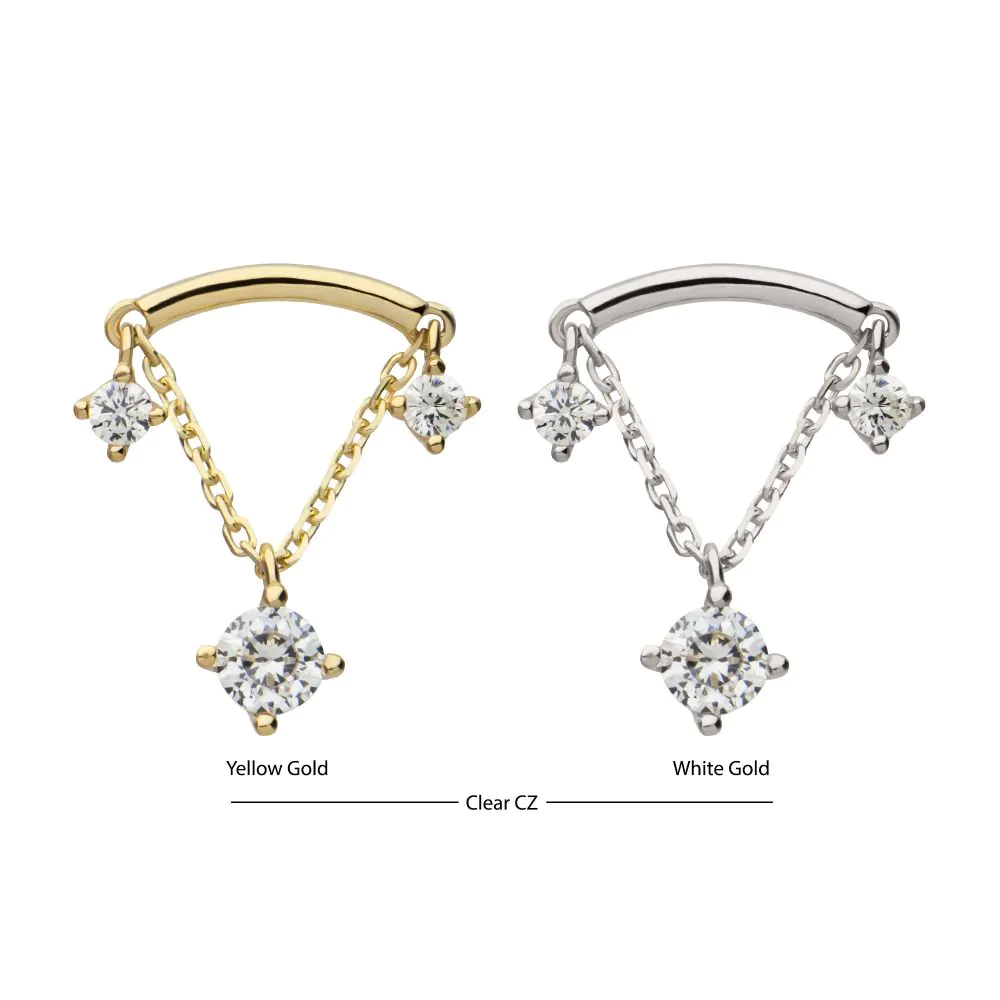 14Kt Gold Threadless Curve Bar Top with Prong Set Gem & Chain Dangle - Image 2