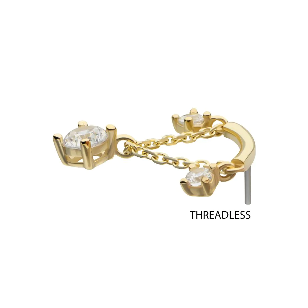 14Kt Gold Threadless Curve Bar Top with Prong Set Gem & Chain Dangle - Image 3