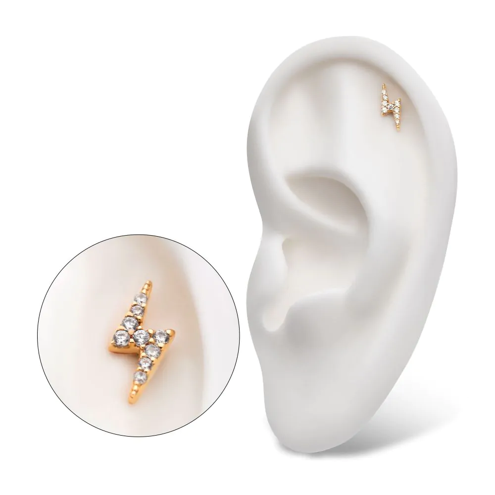 14kt Gold Threadless Prong Set Round Gem Lightning Bolt Top - Image 2