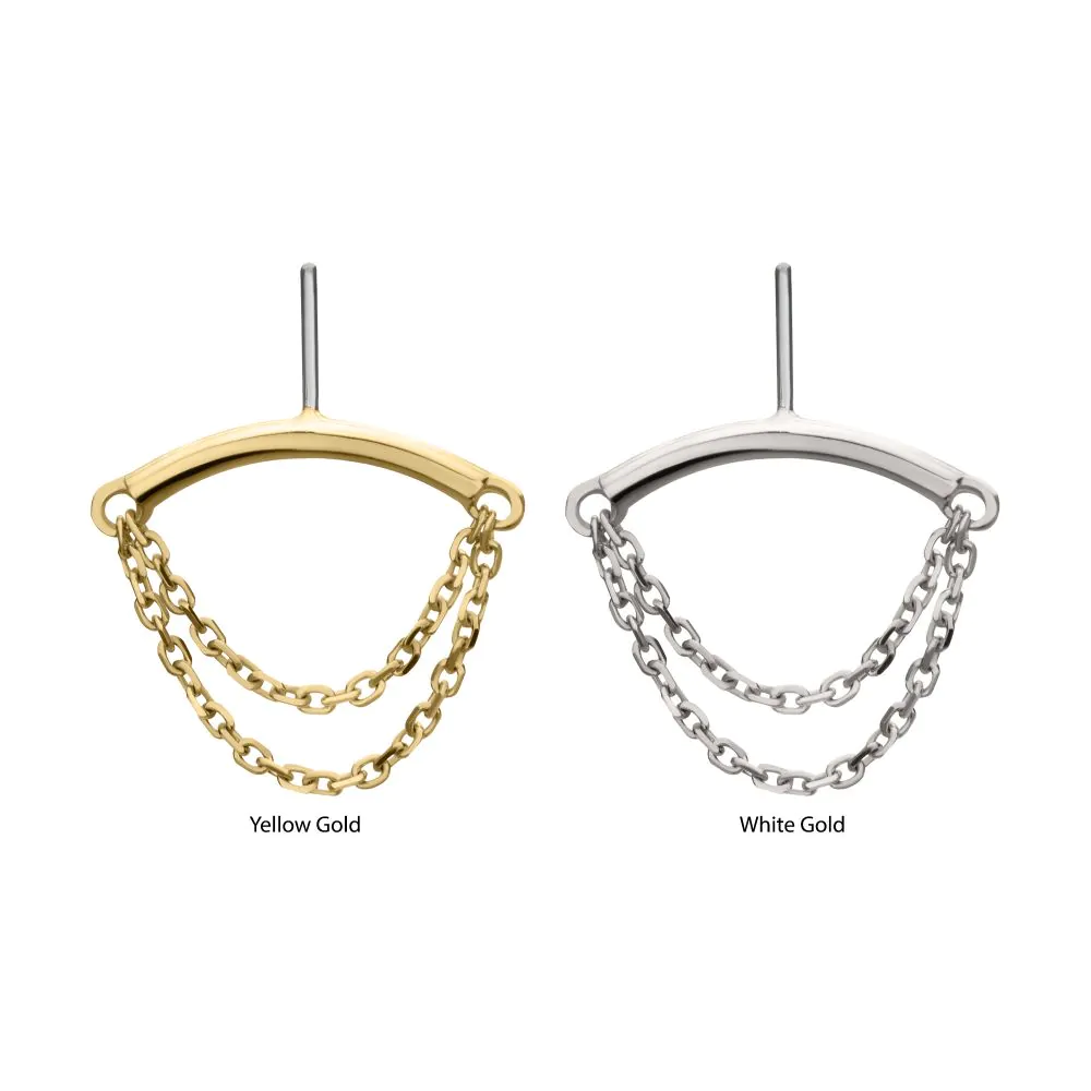 14Kt Gold Threadless Hidden Helix Curved Bar Top with 2-Tier Chain Dangle - Image 2