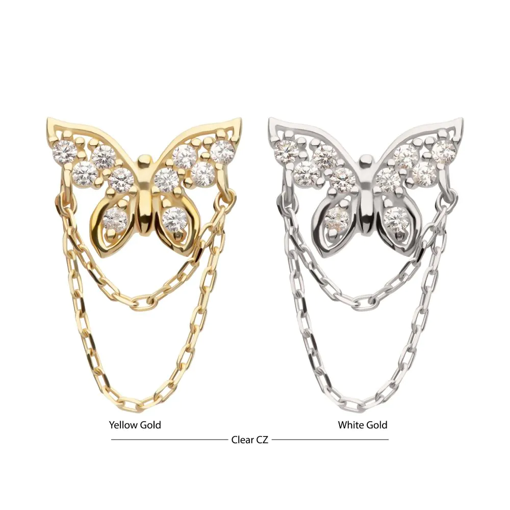 14Kt Gold Threadless Pave Gem Butterfly Top with 2-Tier Chain Dangle - Image 2