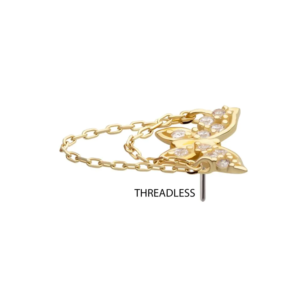 14Kt Gold Threadless Pave Gem Butterfly Top with 2-Tier Chain Dangle - Image 3