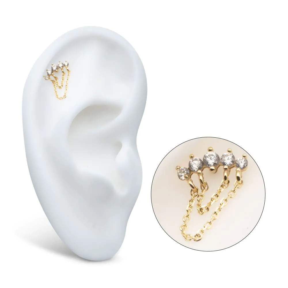 14Kt Yellow Gold Threadless 5 Round Prong Set CZ Curve Bar Top with 2 Tier Dangle Chain - Image 2
