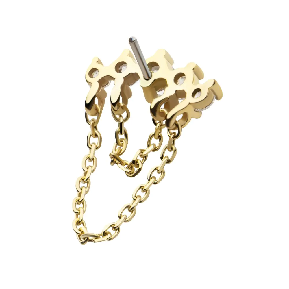 14Kt Yellow Gold Threadless 5 Round Prong Set CZ Curve Bar Top with 2 Tier Dangle Chain - Image 3