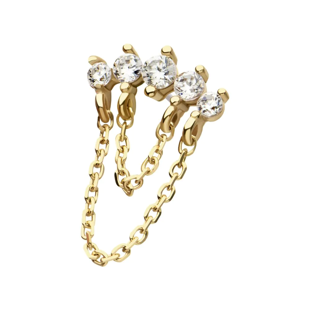 14Kt Yellow Gold Threadless 5 Round Prong Set CZ Curve Bar Top with 2 Tier Dangle Chain - Image 4