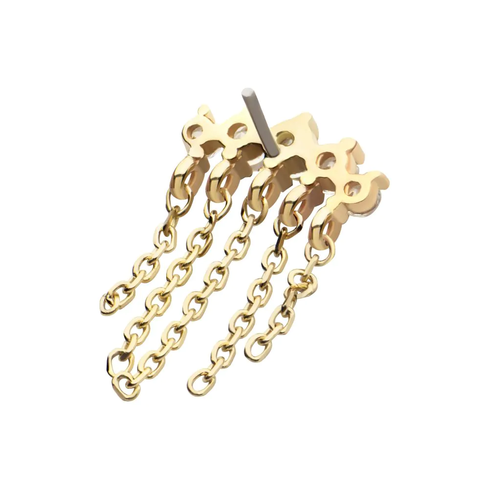 14Kt Yellow Gold Threadless 5 Round Prong Set CZ Curve Bar Top with 5 Dangle Chains - Image 3
