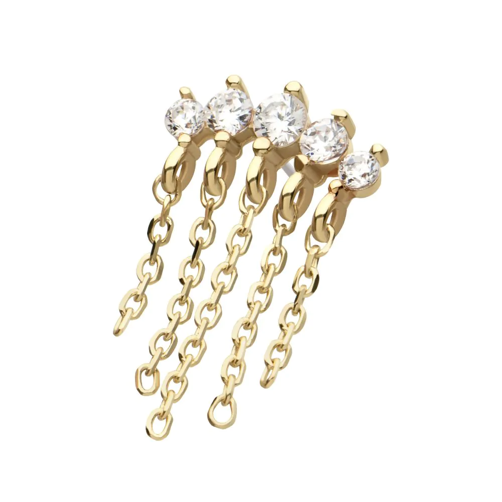 14Kt Yellow Gold Threadless 5 Round Prong Set CZ Curve Bar Top with 5 Dangle Chains - Image 4