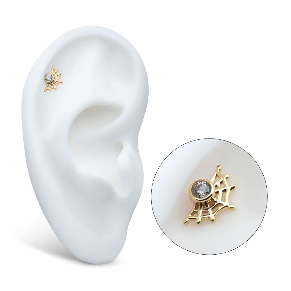 14Kt Yellow Gold Threadless Bezel Set Round CZ Spiderweb Top - Image 3