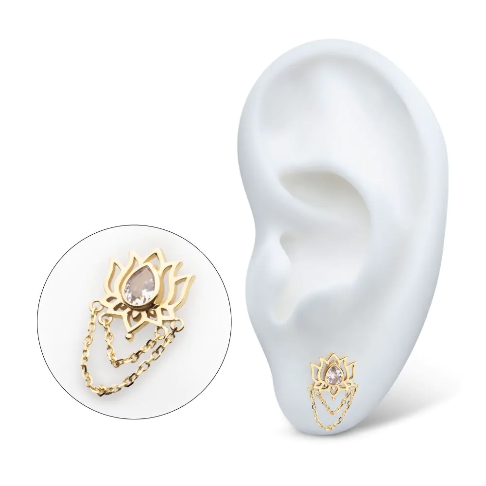 14Kt Yellow Gold Threadless Bezel Teardrop Gem Lotus Flower Top with 2 Tier Dangle Chain - Image 2