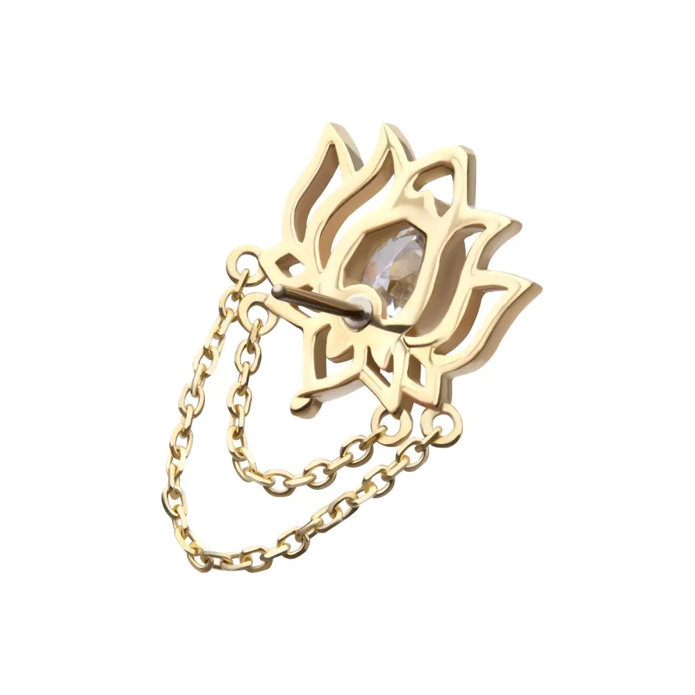 14Kt Yellow Gold Threadless Bezel Teardrop Gem Lotus Flower Top with 2 Tier Dangle Chain - Image 3