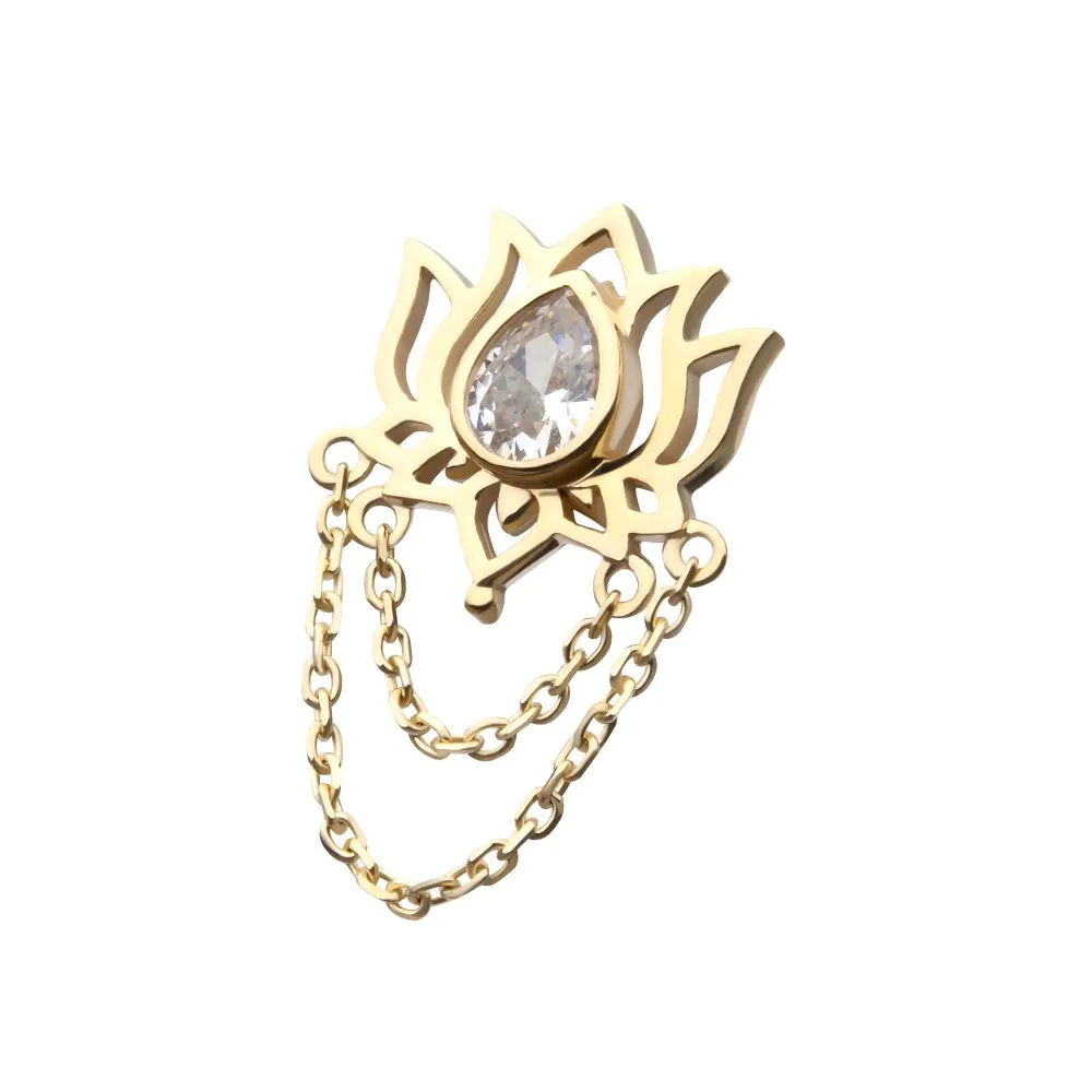 14Kt Yellow Gold Threadless Bezel Teardrop Gem Lotus Flower Top with 2 Tier Dangle Chain - Image 4