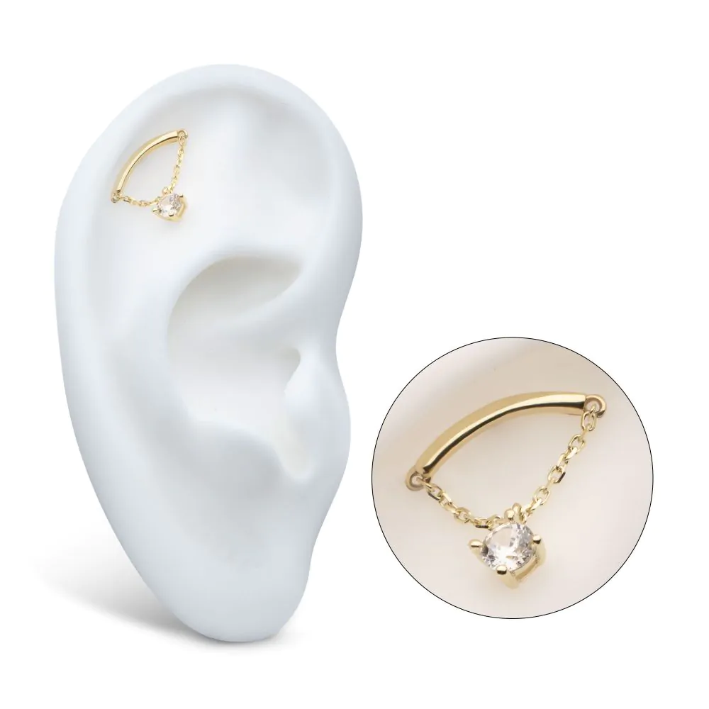 14Kt Yellow Gold Threadless Curve Bar Top with 1 Round Prong Set CZ Dangle Chain - Image 2