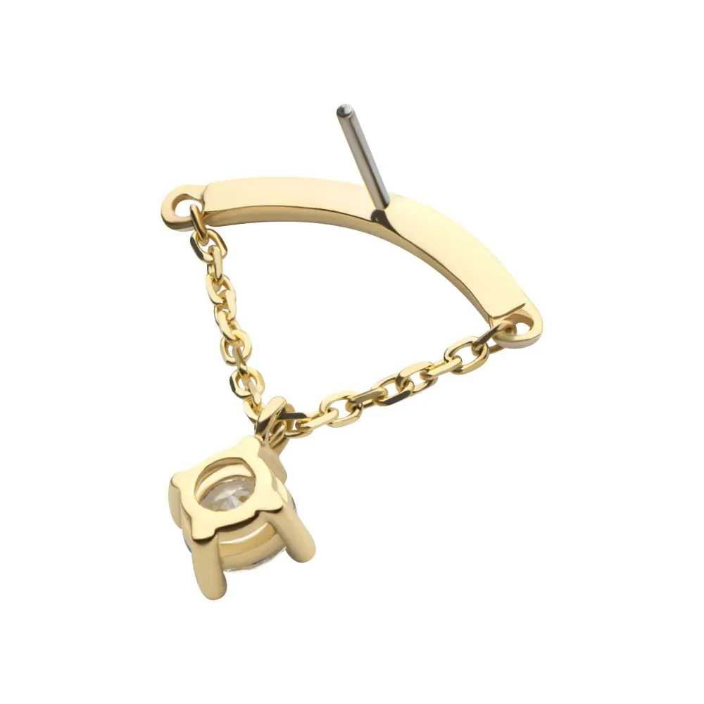 14Kt Yellow Gold Threadless Curve Bar Top with 1 Round Prong Set CZ Dangle Chain - Image 3