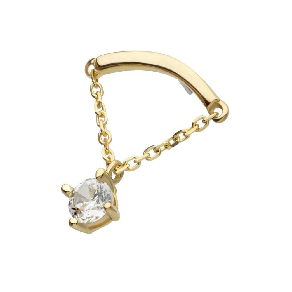 14Kt Yellow Gold Threadless Curve Bar Top with 1 Round Prong Set CZ Dangle Chain - Image 4