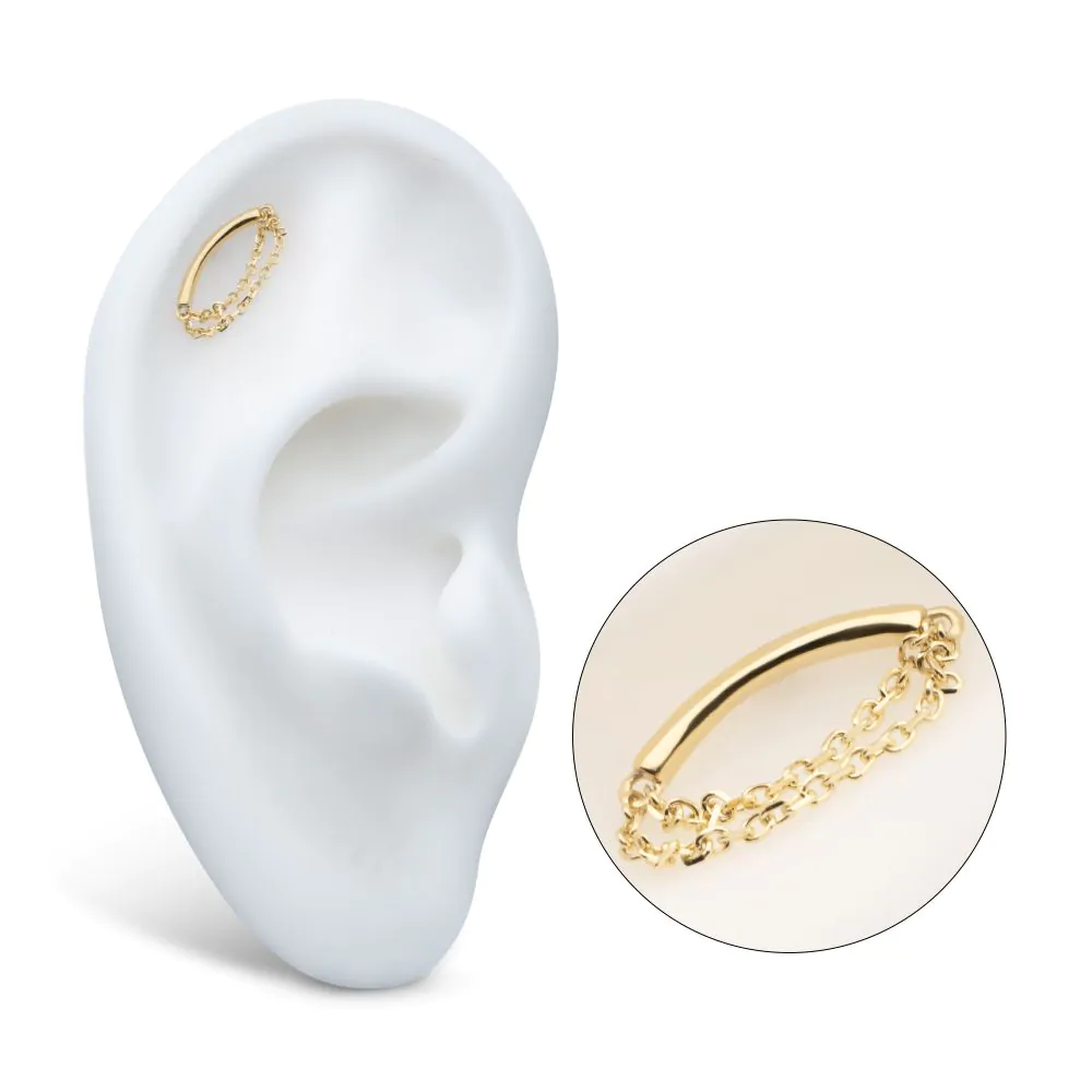 14Kt Yellow Gold Threadless Curve Bar Top with 2 Tier Dangle Chain - Image 2