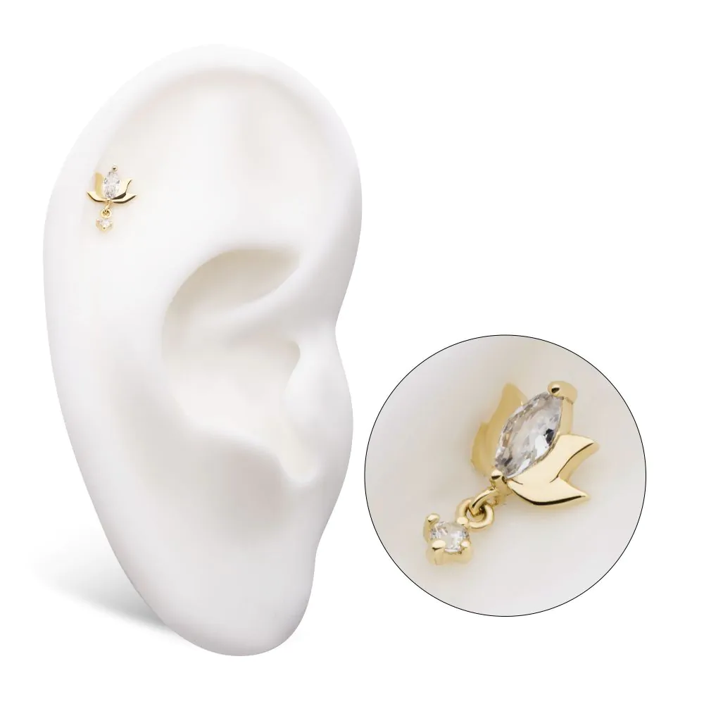 14Kt Yellow Gold Threadless Marquise CZ Lotus Flower Top with Dangle Round CZ Gem - Image 2