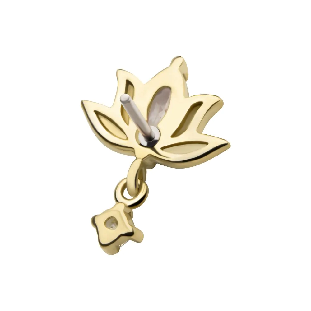 14Kt Yellow Gold Threadless Marquise CZ Lotus Flower Top with Dangle Round CZ Gem - Image 3