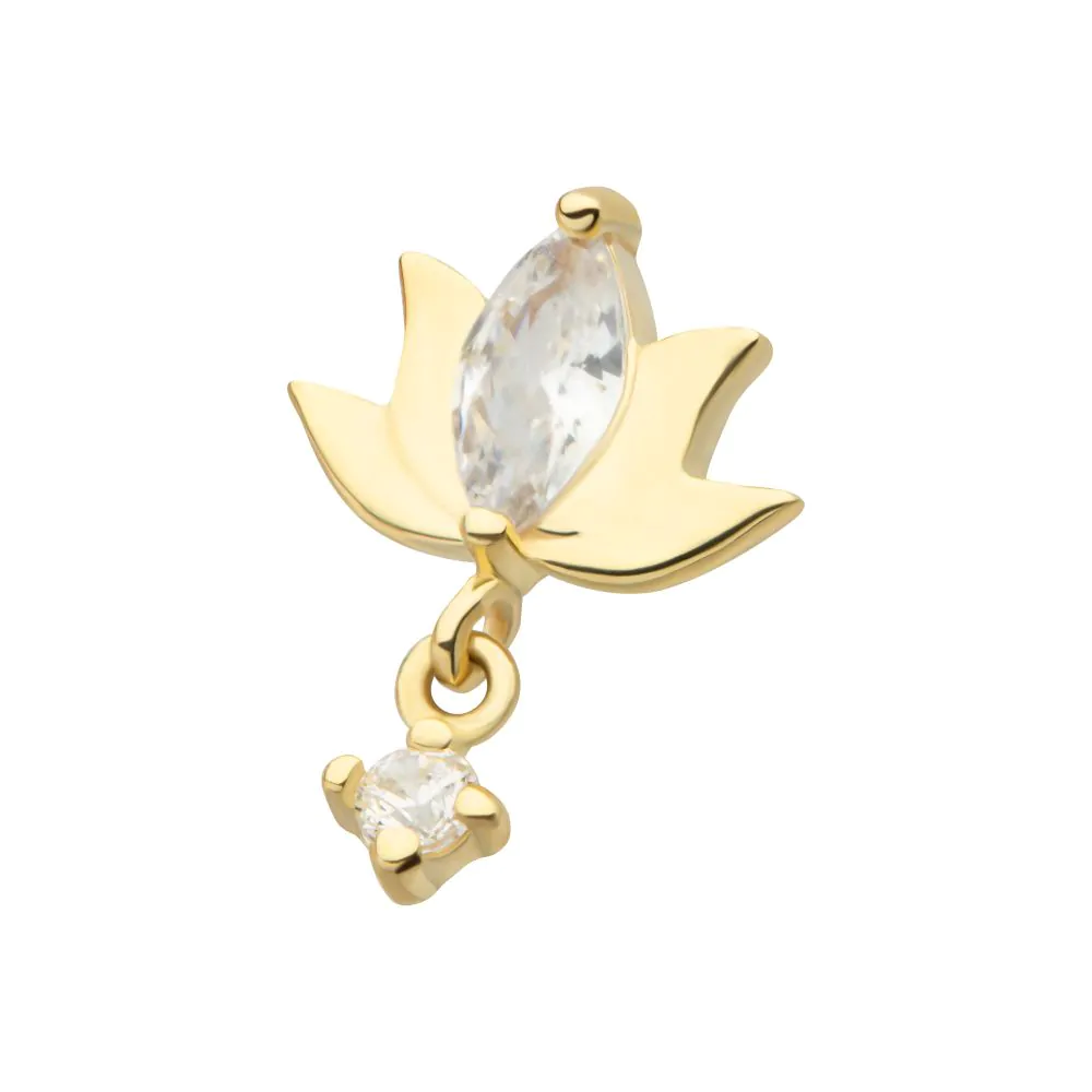 14Kt Yellow Gold Threadless Marquise CZ Lotus Flower Top with Dangle Round CZ Gem - Image 4