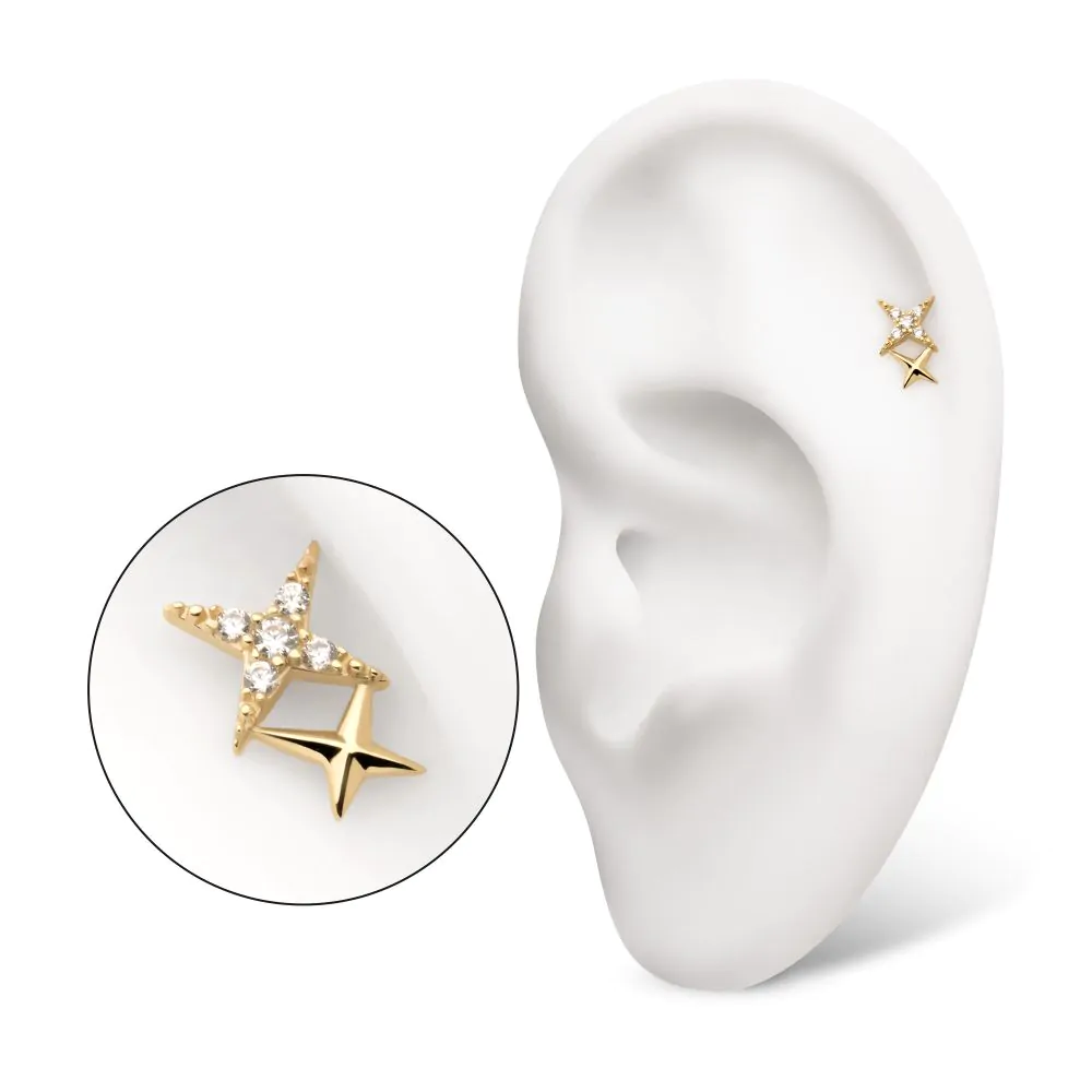 14Kt Yellow Gold Threadless Pave Set Round Gem Double Star Top - Image 2