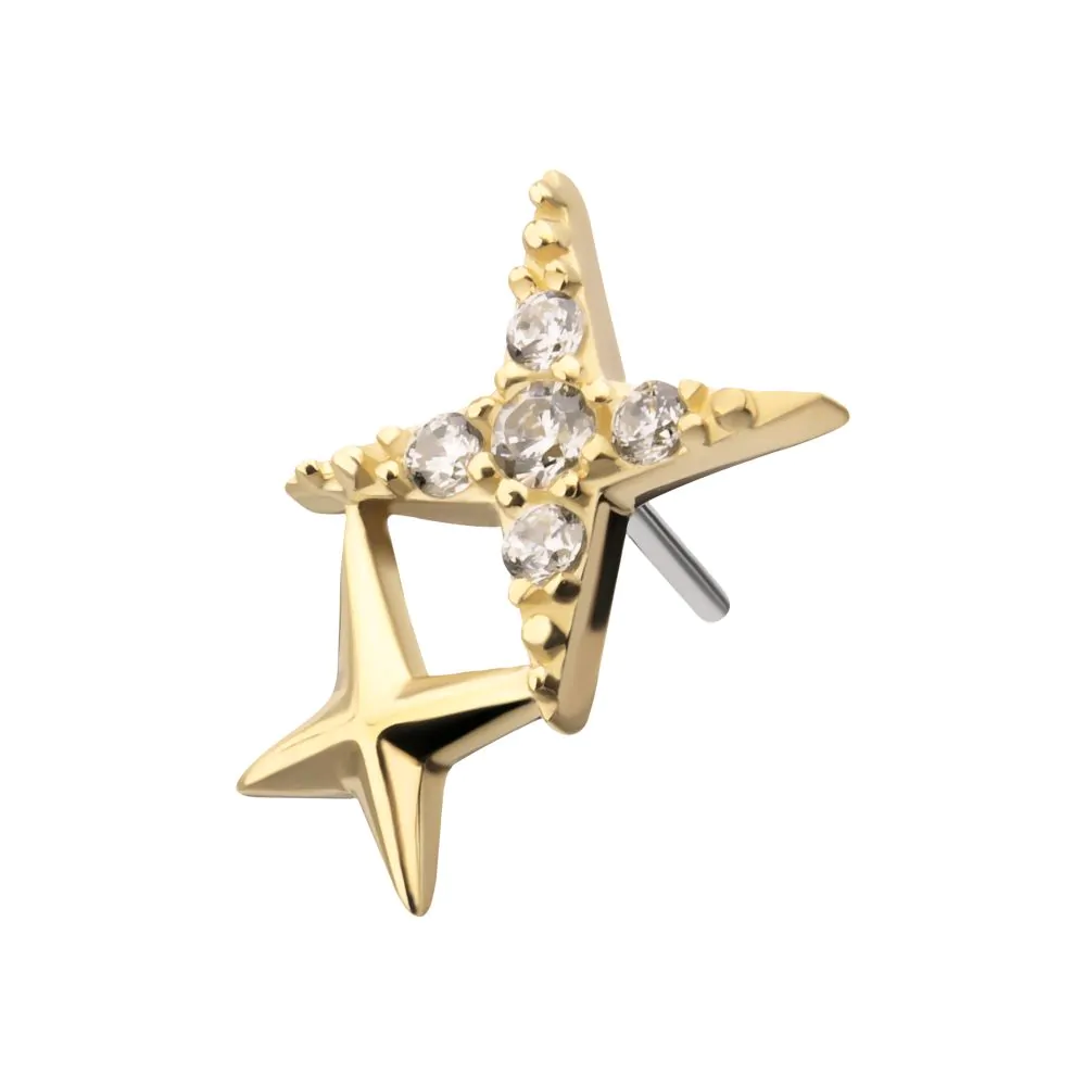 14Kt Yellow Gold Threadless Pave Set Round Gem Double Star Top - Image 3