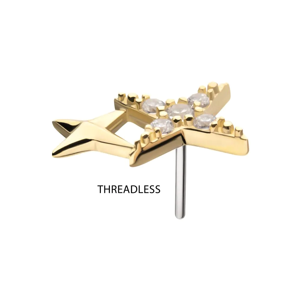 14Kt Yellow Gold Threadless Pave Set Round Gem Double Star Top - Image 4
