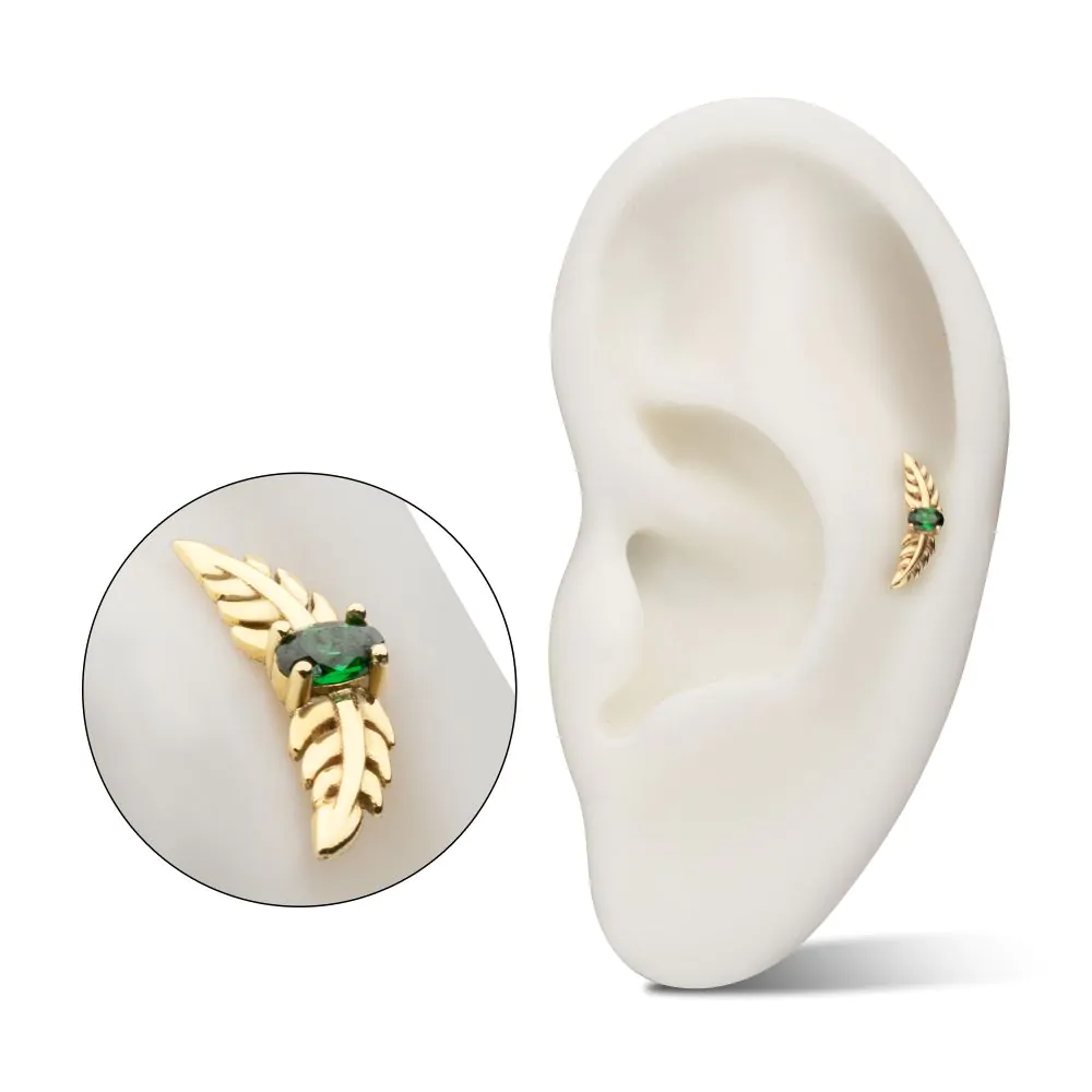 14Kt Yellow Gold Threadless Prong Set Emerald Gem Two Sculpted Leaves Top - Image 2