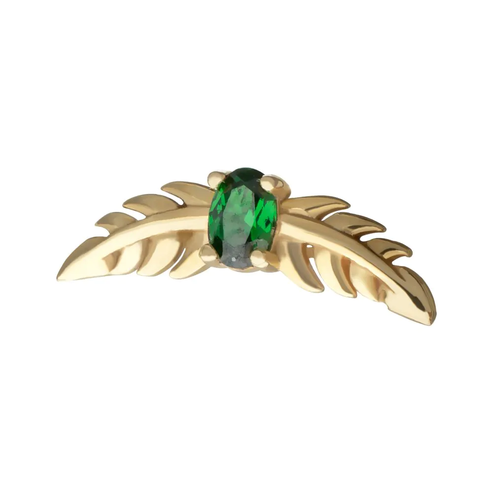 14Kt Yellow Gold Threadless Prong Set Emerald Gem Two Sculpted Leaves Top - Image 3