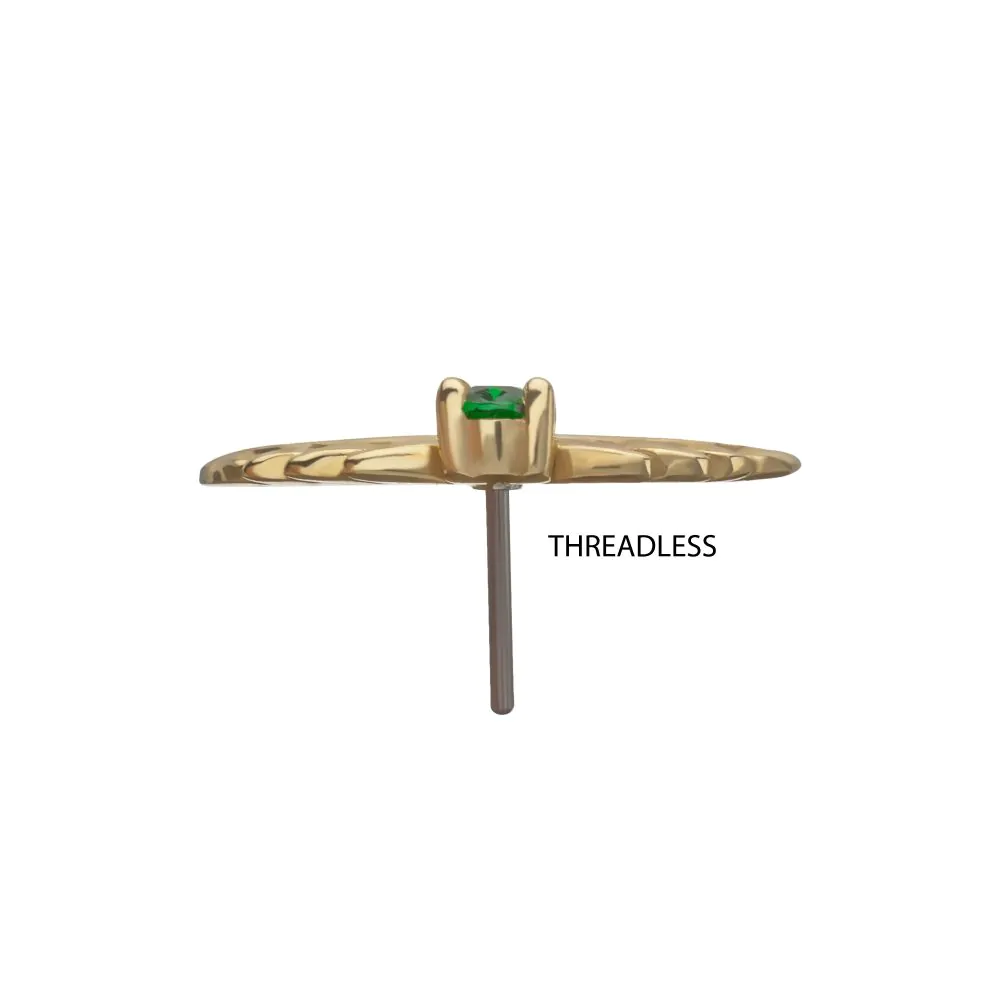 14Kt Yellow Gold Threadless Prong Set Emerald Gem Two Sculpted Leaves Top - Image 4