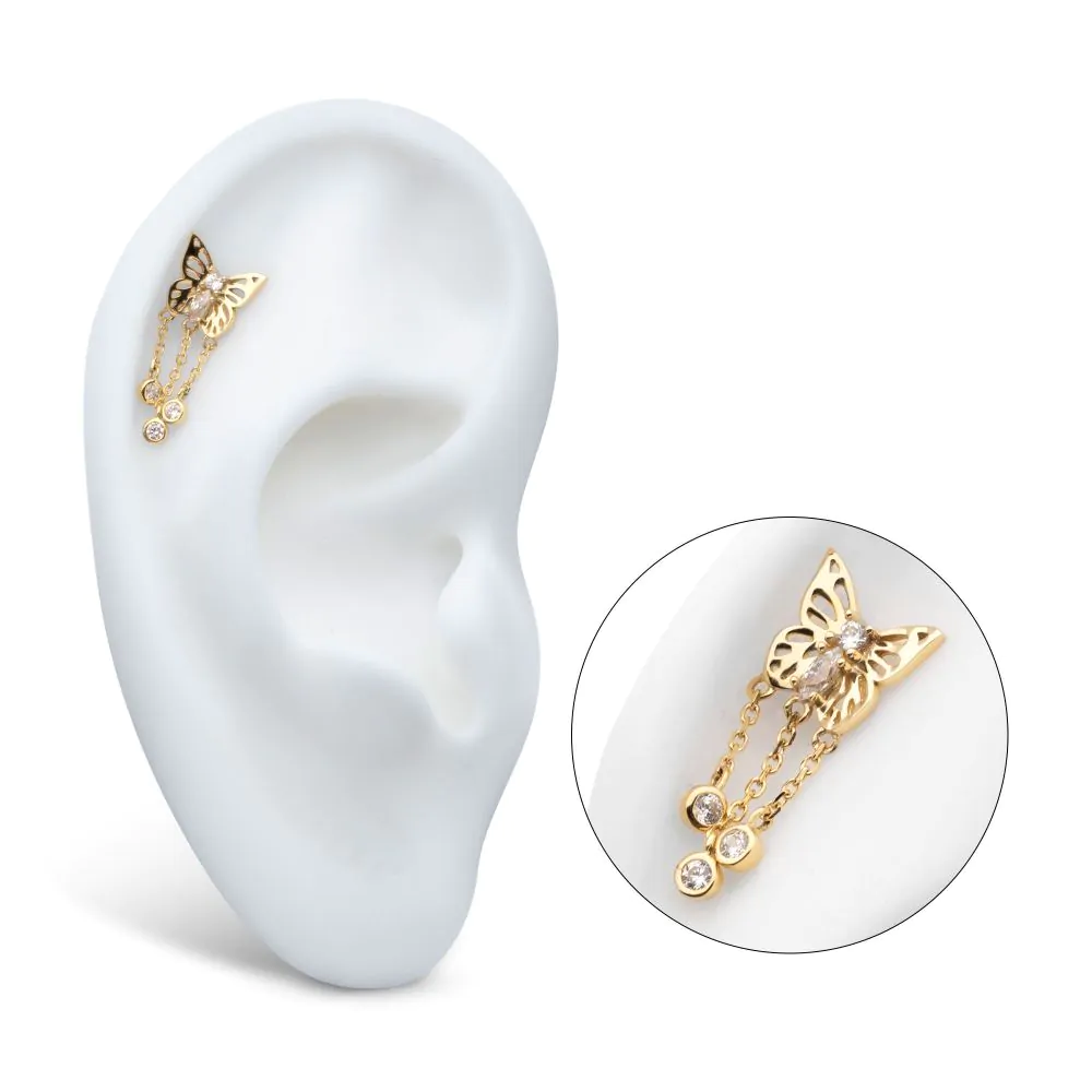 14Kt Yellow Gold Threadless Prong Set Gem Butterfly Top with Triple Dangle Bezel Gem - Image 2