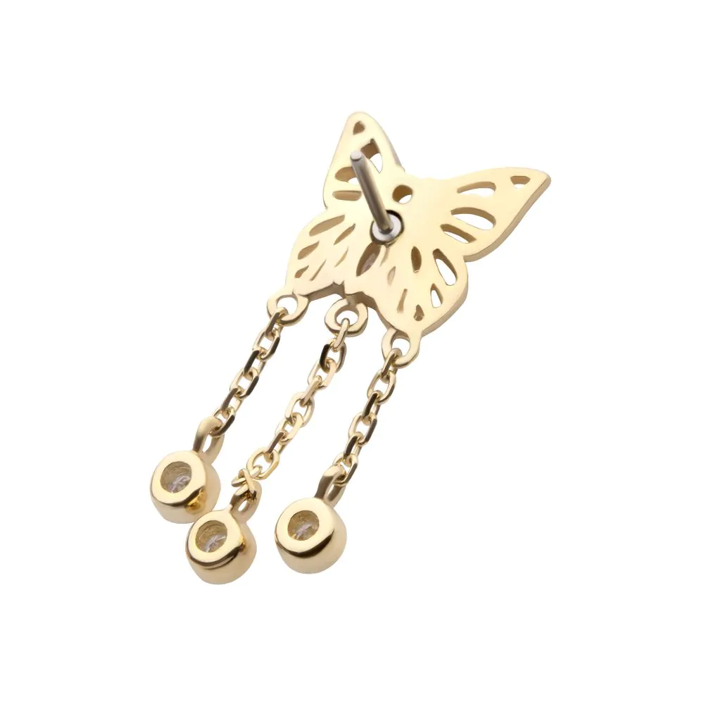 14Kt Yellow Gold Threadless Prong Set Gem Butterfly Top with Triple Dangle Bezel Gem - Image 3