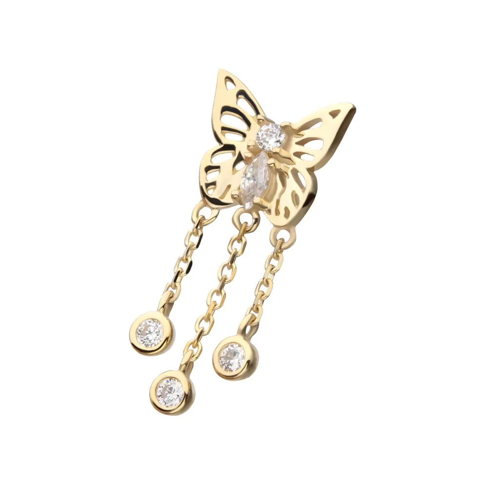 14Kt Yellow Gold Threadless Prong Set Gem Butterfly Top with Triple Dangle Bezel Gem - Image 4