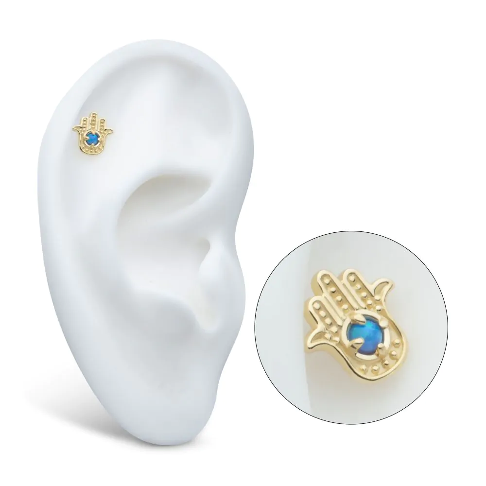 14Kt Yellow Gold Threadless Prong Set Round Blue Opal Hamsa Top - Image 2