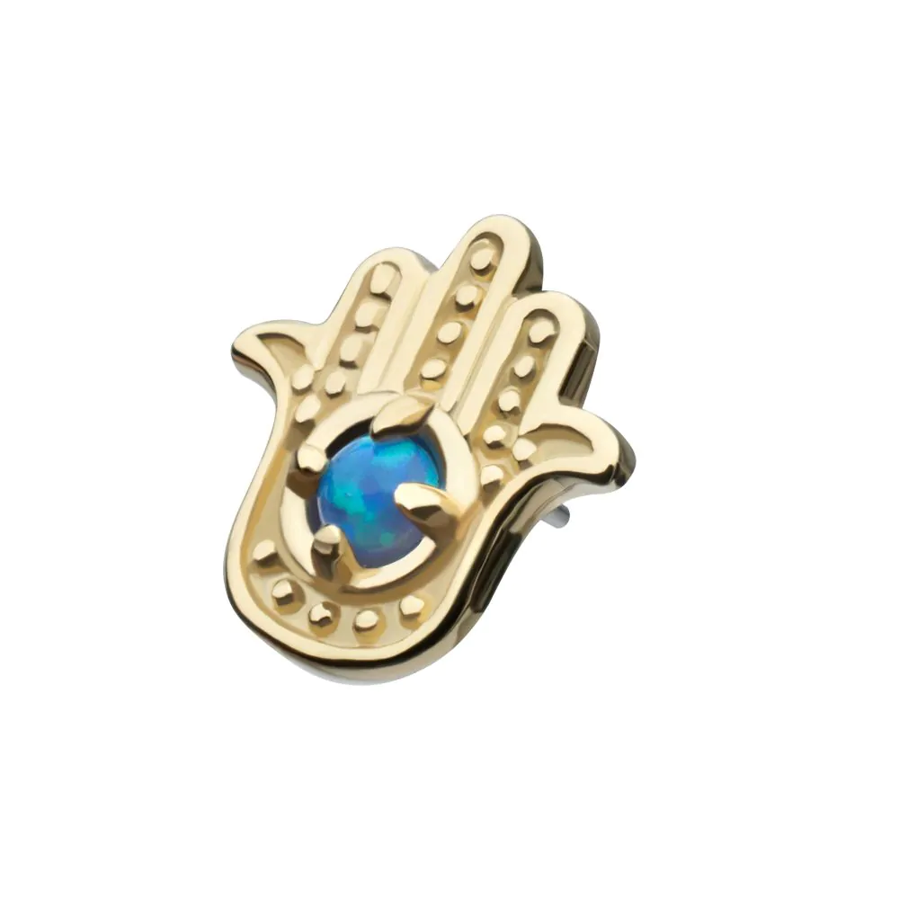14Kt Yellow Gold Threadless Prong Set Round Blue Opal Hamsa Top - Image 4