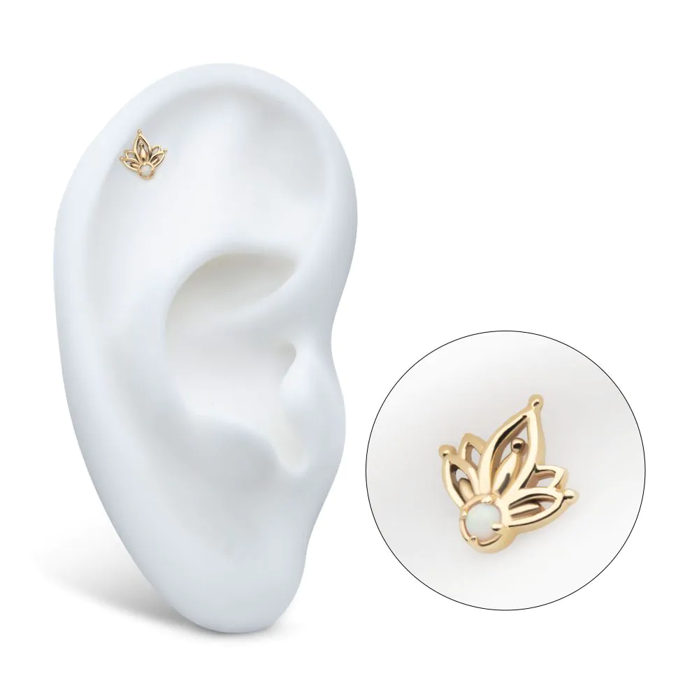 14Kt Yellow Gold Threadless Prong Set Round White Opal Petal Flower Top - Image 2