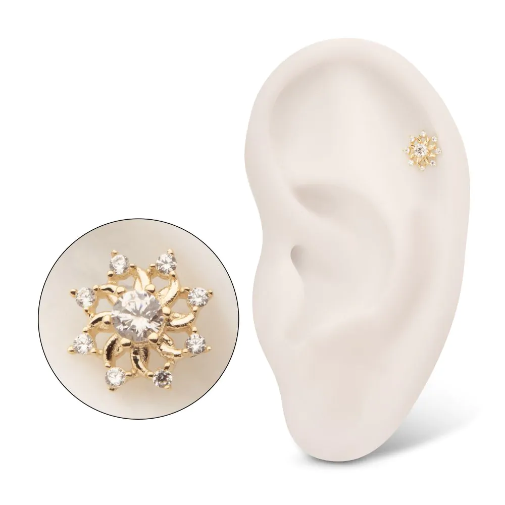 14Kt Yellow Gold Threadless Swirled Flower Top with Prong Set Gem - Image 2