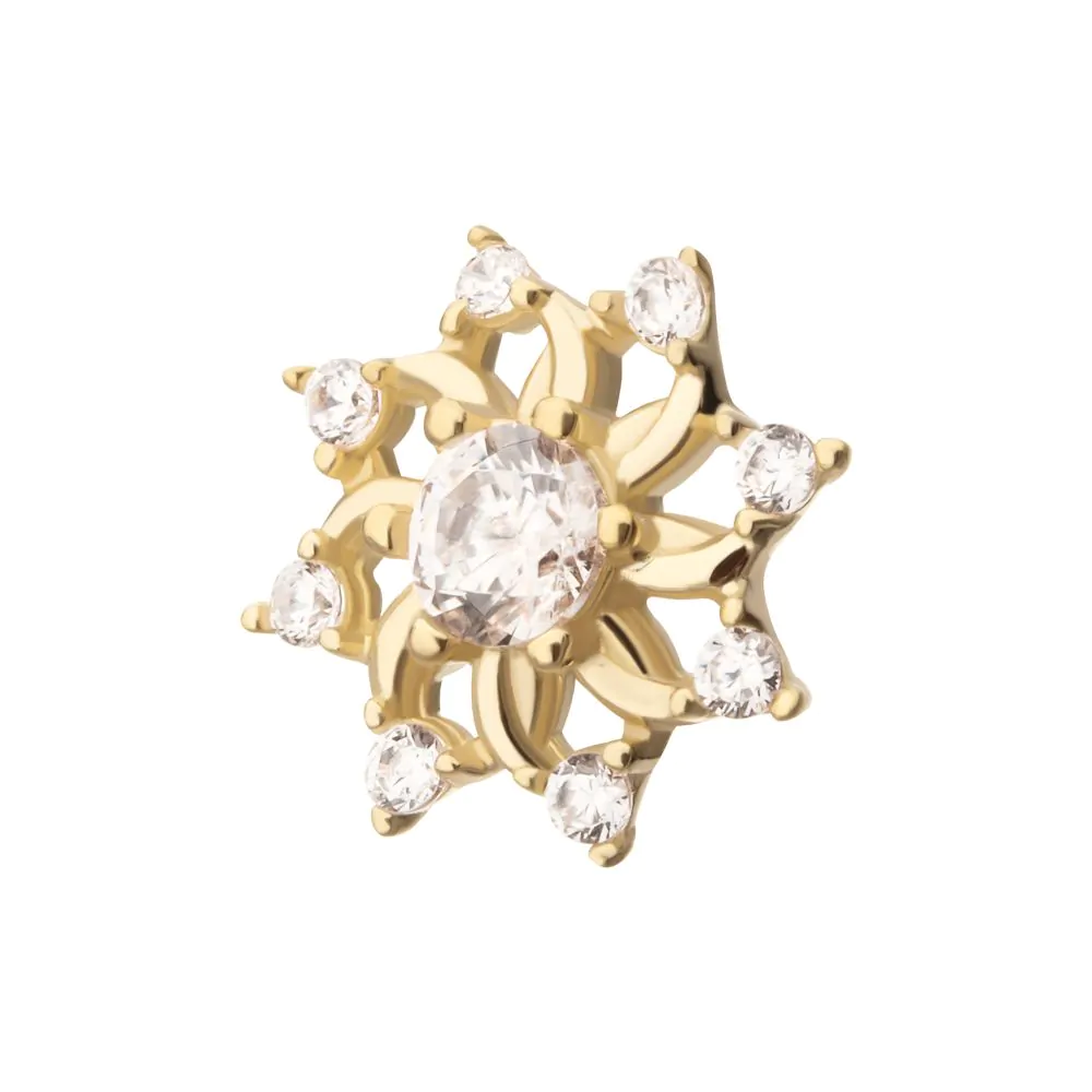 14Kt Yellow Gold Threadless Swirled Flower Top with Prong Set Gem - Image 3
