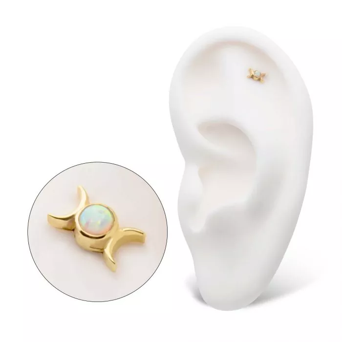 14Kt Yellow Gold Threadless with Bezel Set White Opal Triple Goddess Moon Top - Image 4