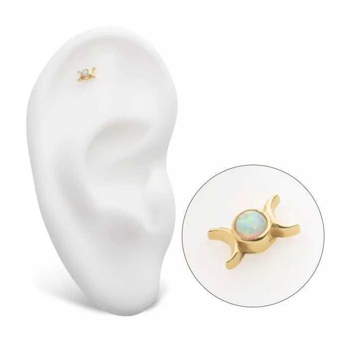 14Kt Yellow Gold Threadless with Bezel Set White Opal Triple Goddess Moon Top - Image 5