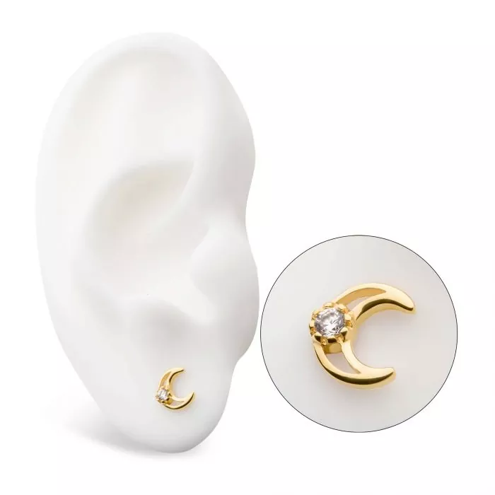 14Kt Yellow Gold Threadless with CZ/Opal Crescent Moon Top - Image 5