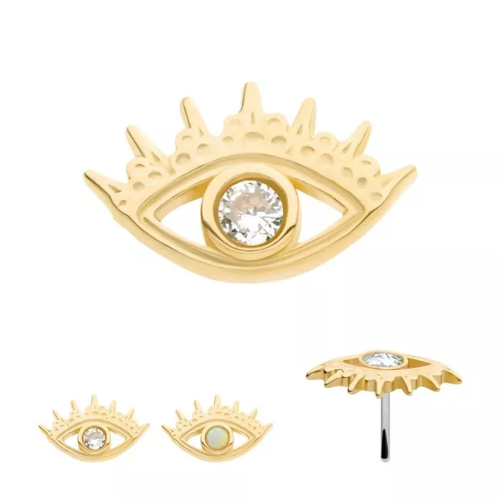 14Kt Yellow Gold Threadless with CZ/Opal Evil Eye Top