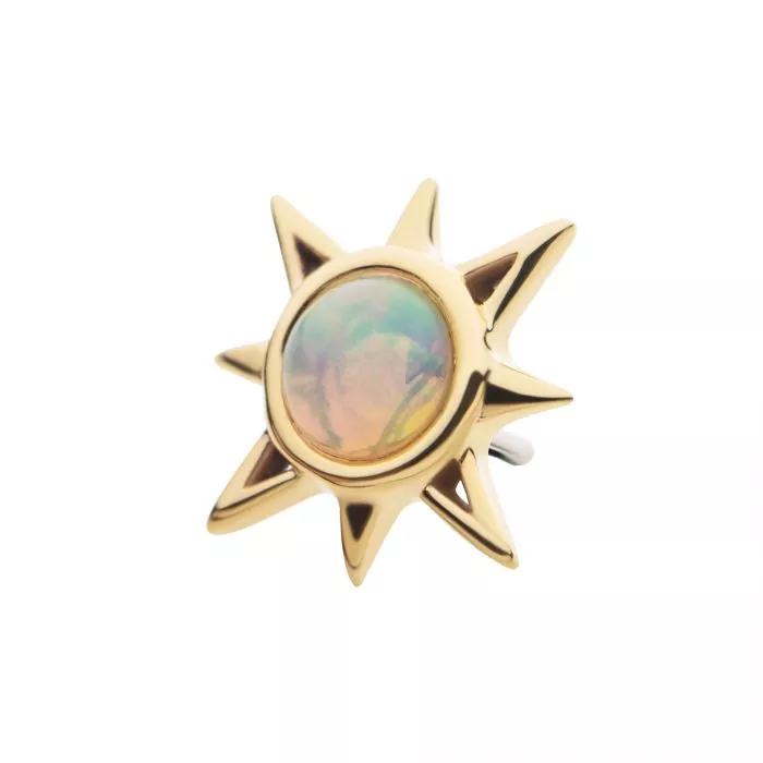 14Kt Yellow Gold Threadless with Round White Synthetic Opal Sunburst Top - Image 2