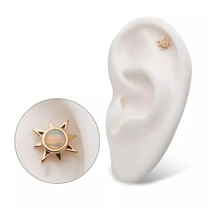 14Kt Yellow Gold Threadless with Round White Synthetic Opal Sunburst Top - Image 4