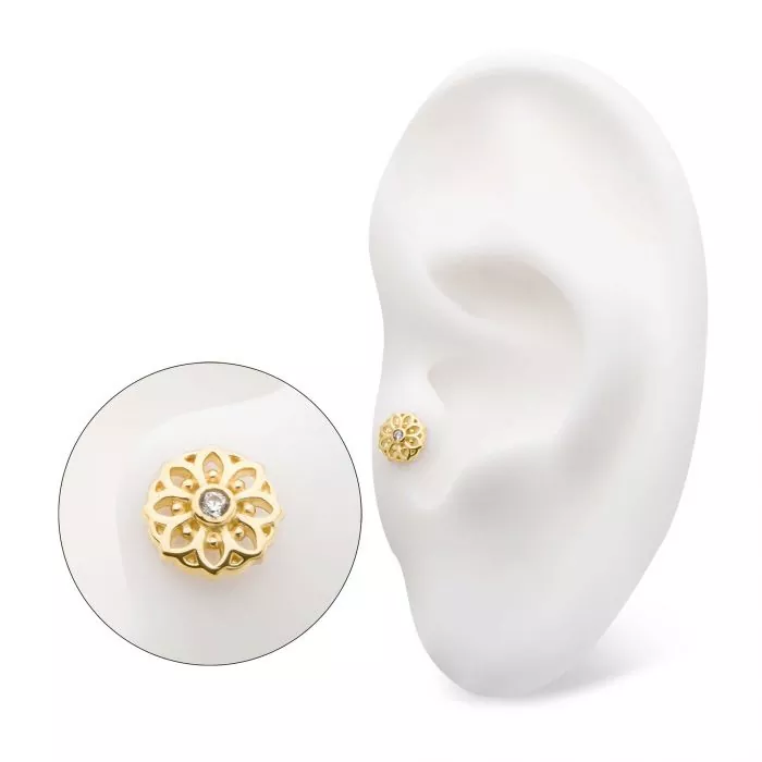 14Kt Yellow Gold Threadlesss with CZ Mandala Flower Top - Image 5