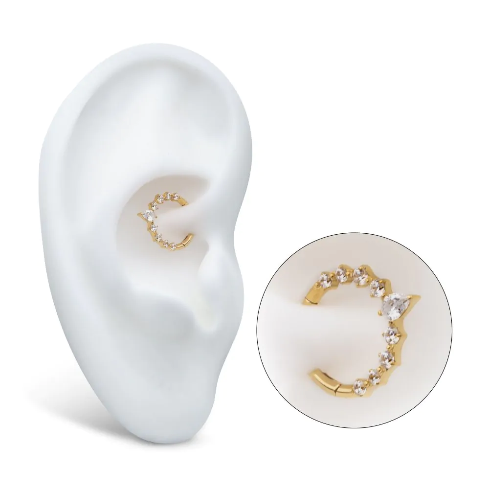 24Kt Gold PVD Titanium 9-Cluster Prong Set Round & Teardrop CZ Front Facing Hinged Segment Clicker - Image 2