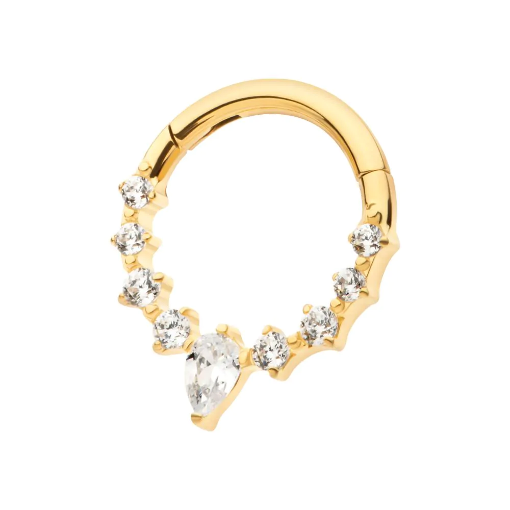 24Kt Gold PVD Titanium 9-Cluster Prong Set Round & Teardrop CZ Front Facing Hinged Segment Clicker - Image 3
