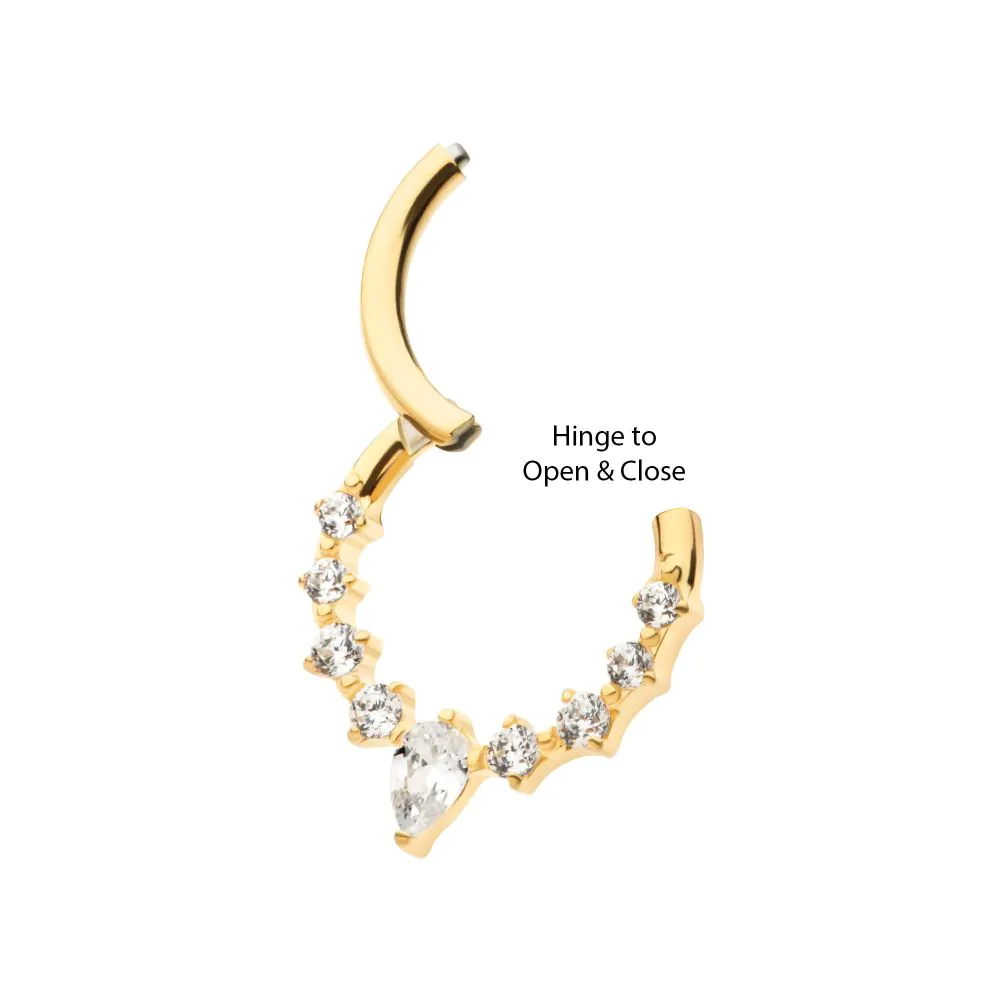 24Kt Gold PVD Titanium 9-Cluster Prong Set Round & Teardrop CZ Front Facing Hinged Segment Clicker - Image 4