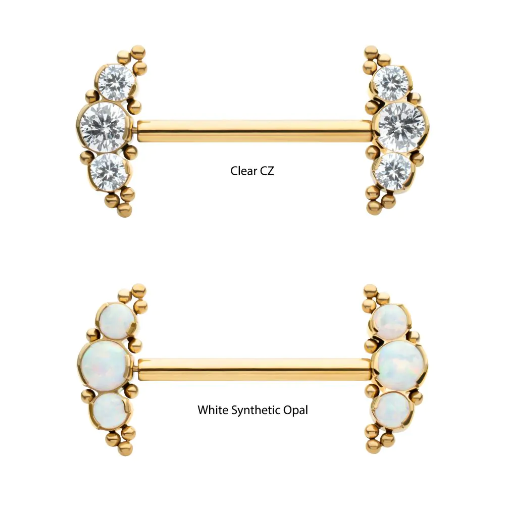 24Kt Gold PVD Titanium Beads and Semi-Bezel Set Round Gem/Opal 3-Cluster Ends Nipple Barbell (One Side Fixed, One Side Threadless ) | Sold by piece - Image 2