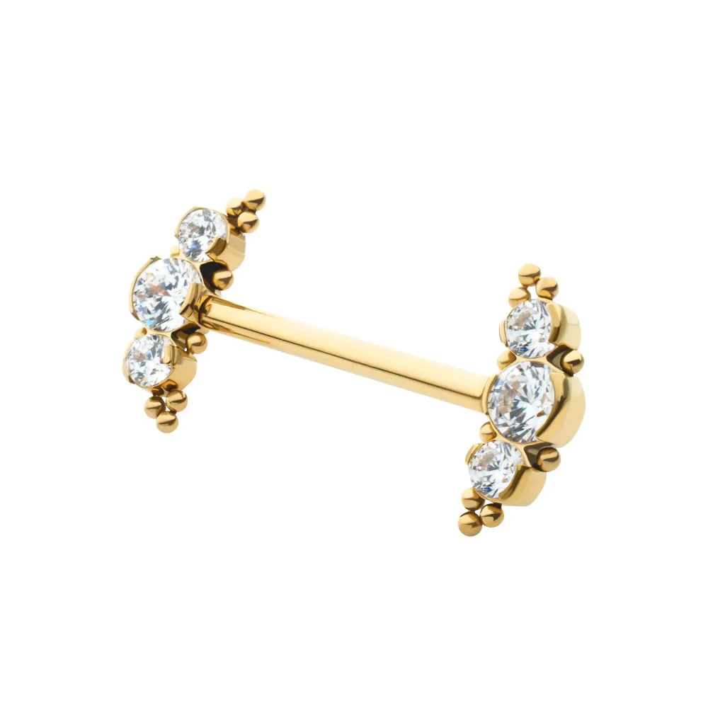 24Kt Gold PVD Titanium Beads and Semi-Bezel Set Round Gem/Opal 3-Cluster Ends Nipple Barbell (One Side Fixed, One Side Threadless ) | Sold by piece - Image 3