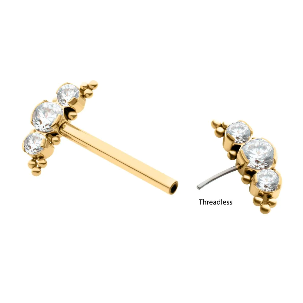 24Kt Gold PVD Titanium Beads and Semi-Bezel Set Round Gem/Opal 3-Cluster Ends Nipple Barbell (One Side Fixed, One Side Threadless ) | Sold by piece - Image 4